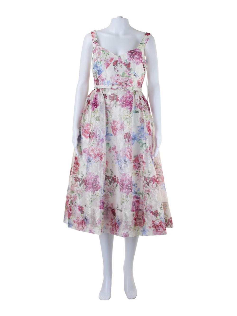 Monique Lhuillier Floral A-Line Midi Dress in White with Pink & Green Print
